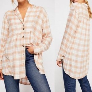 Free People pink wool blend plaid button down, small